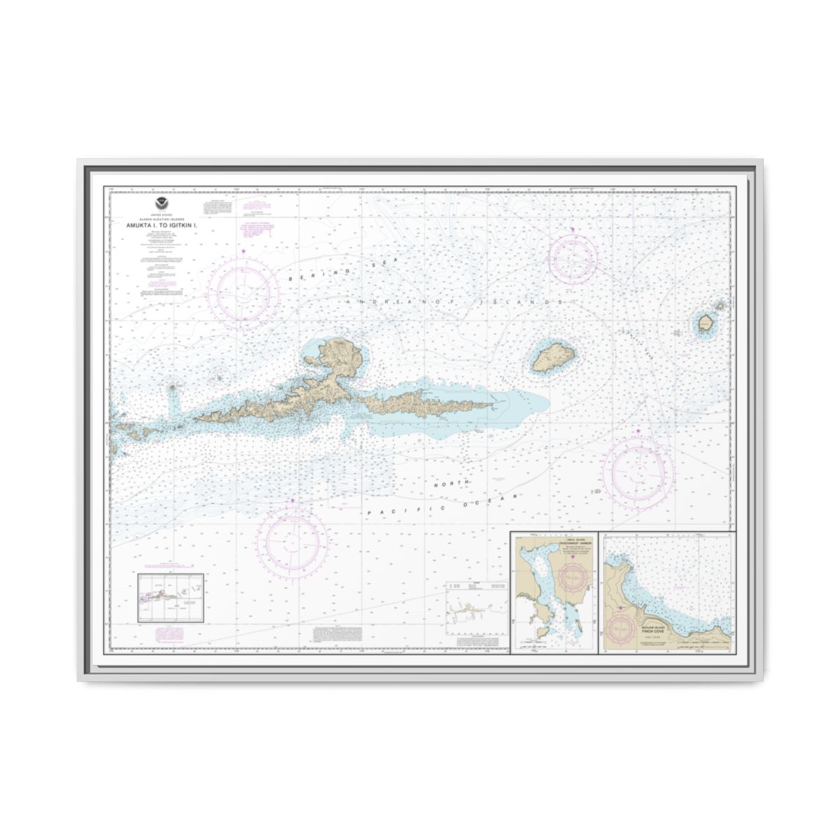 Chart 16480 Amkta Island to Igitkin Island;Finch Cove Seguam Island;Sviechnikof Harbor, Amilia Island - NOAA Nautical Chart Floating Frame Canvas | 32" x 24" | 40" x 30" - White front