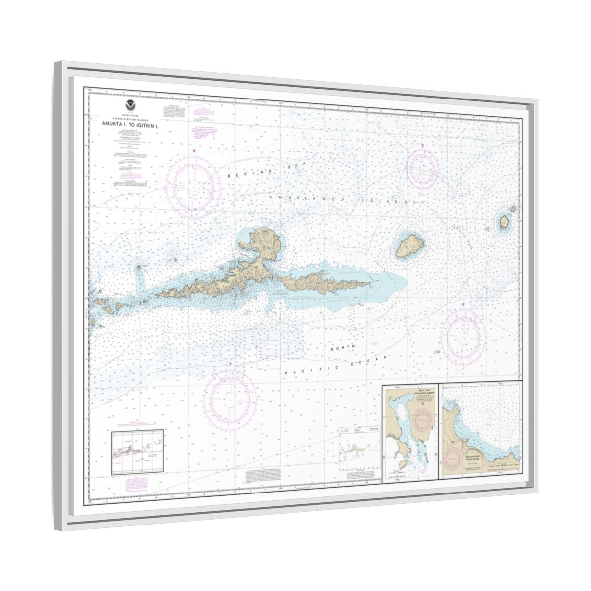 Chart 16480 Amkta Island to Igitkin Island;Finch Cove Seguam Island;Sviechnikof Harbor, Amilia Island - NOAA Nautical Chart Floating Frame Canvas | 32" x 24" | 40" x 30" - White side