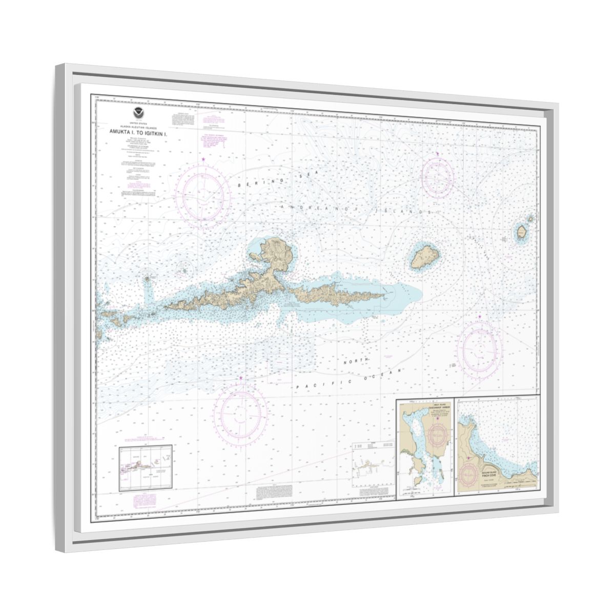 Chart 16480 Amkta Island to Igitkin Island;Finch Cove Seguam Island;Sviechnikof Harbor, Amilia Island - NOAA Nautical Chart Floating Frame Canvas | 32" x 24" | 40" x 30" - White side