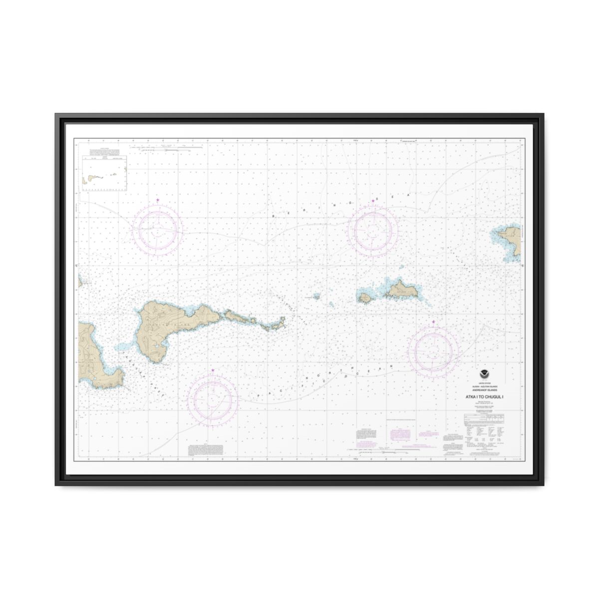 Chart 16484 Atka Island to Chugul Island Atka Island - NOAA Nautical Chart Floating Frame Canvas | 32" x 24" | 40" x 30" - Black front