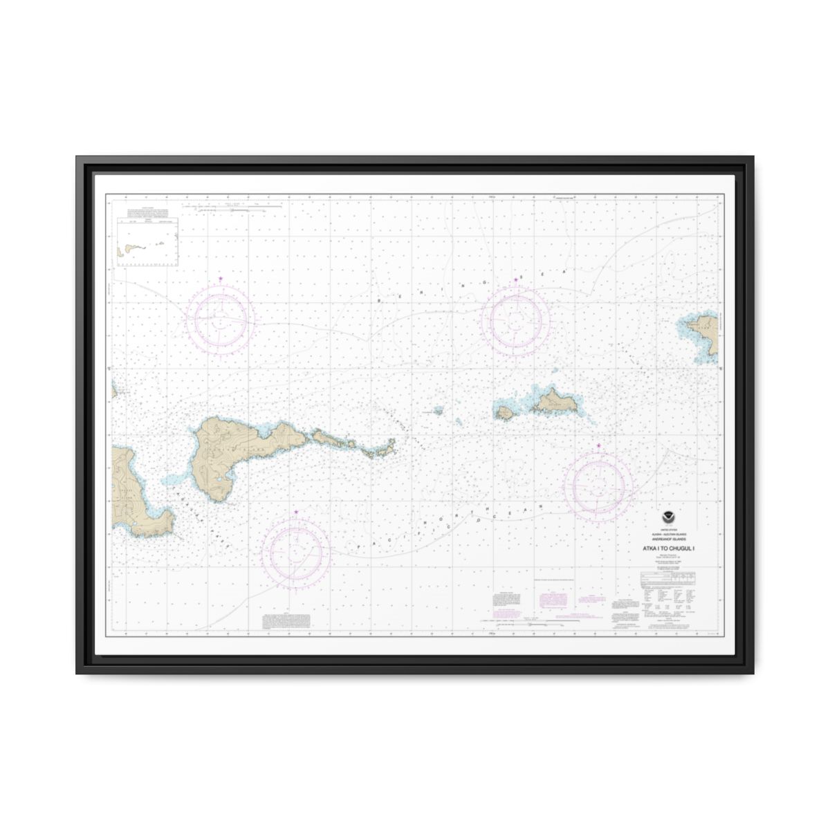Chart 16484 Atka Island to Chugul Island Atka Island - NOAA Nautical Chart Floating Frame Canvas | 32" x 24" | 40" x 30" - Black front