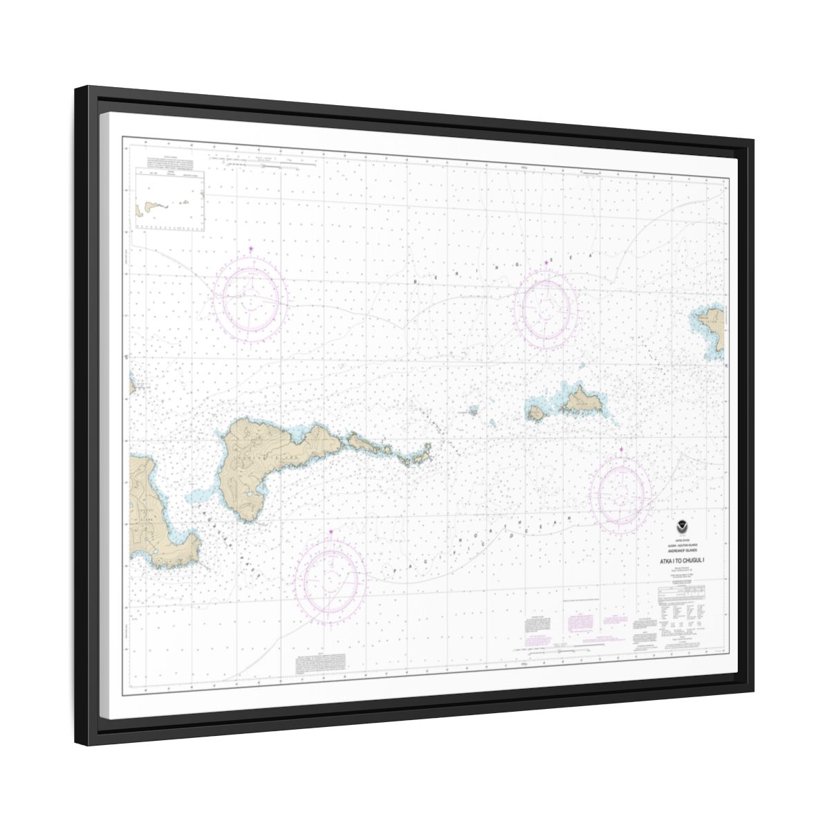 Chart 16484 Atka Island to Chugul Island Atka Island - NOAA Nautical Chart Floating Frame Canvas | 32" x 24" | 40" x 30" - Black side
