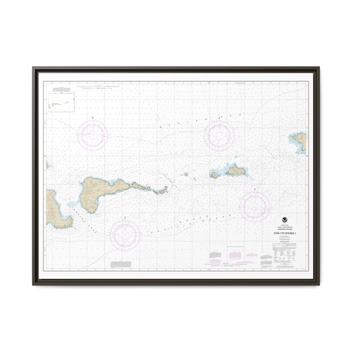 Chart 16484 Atka Island to Chugul Island Atka Island - NOAA Nautical Chart Floating Frame Canvas | 32" x 24" | 40" x 30" - Espresso front
