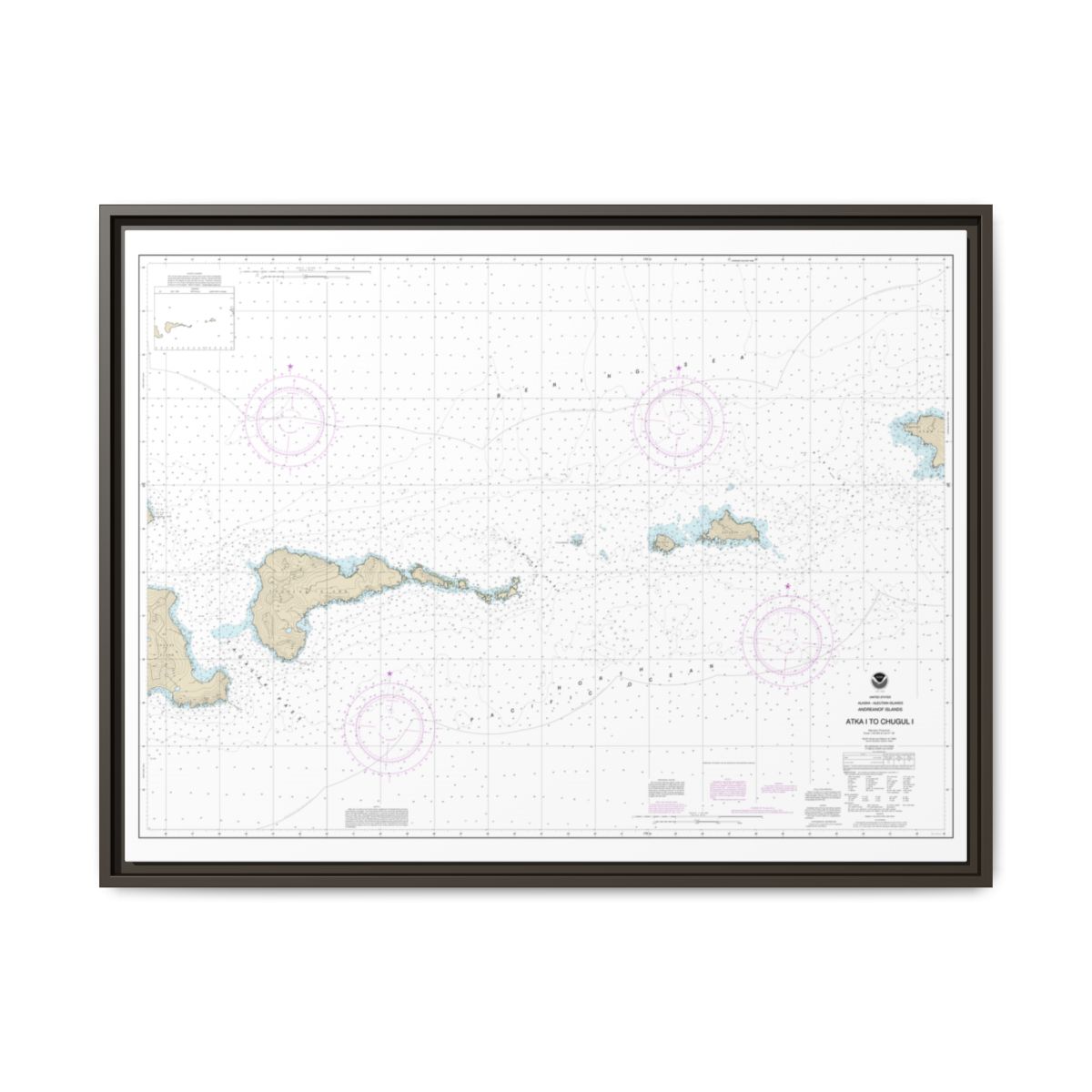 Chart 16484 Atka Island to Chugul Island Atka Island - NOAA Nautical Chart Floating Frame Canvas | 32" x 24" | 40" x 30" - Espresso front