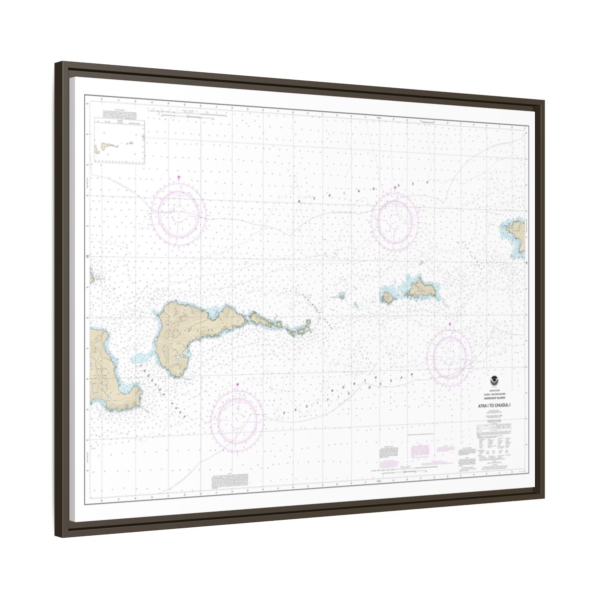 Chart 16484 Atka Island to Chugul Island Atka Island - NOAA Nautical Chart Floating Frame Canvas | 32" x 24" | 40" x 30" - Espresso side