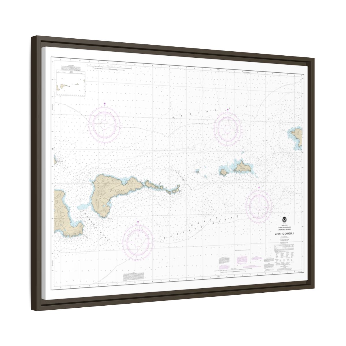Chart 16484 Atka Island to Chugul Island Atka Island - NOAA Nautical Chart Floating Frame Canvas | 32" x 24" | 40" x 30" - Espresso side