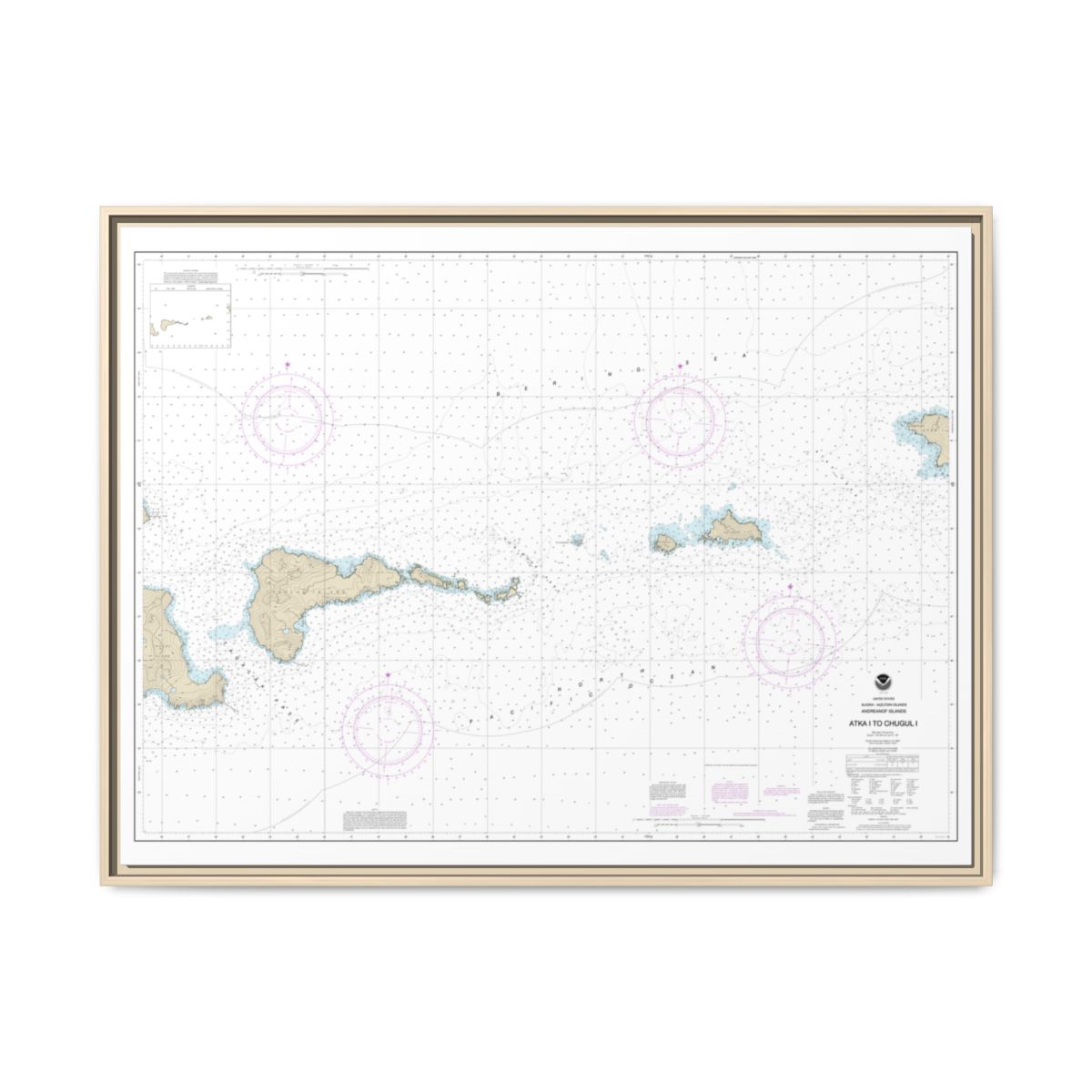 Chart 16484 Atka Island to Chugul Island Atka Island - NOAA Nautical Chart Floating Frame Canvas | 32" x 24" | 40" x 30" - Natural front