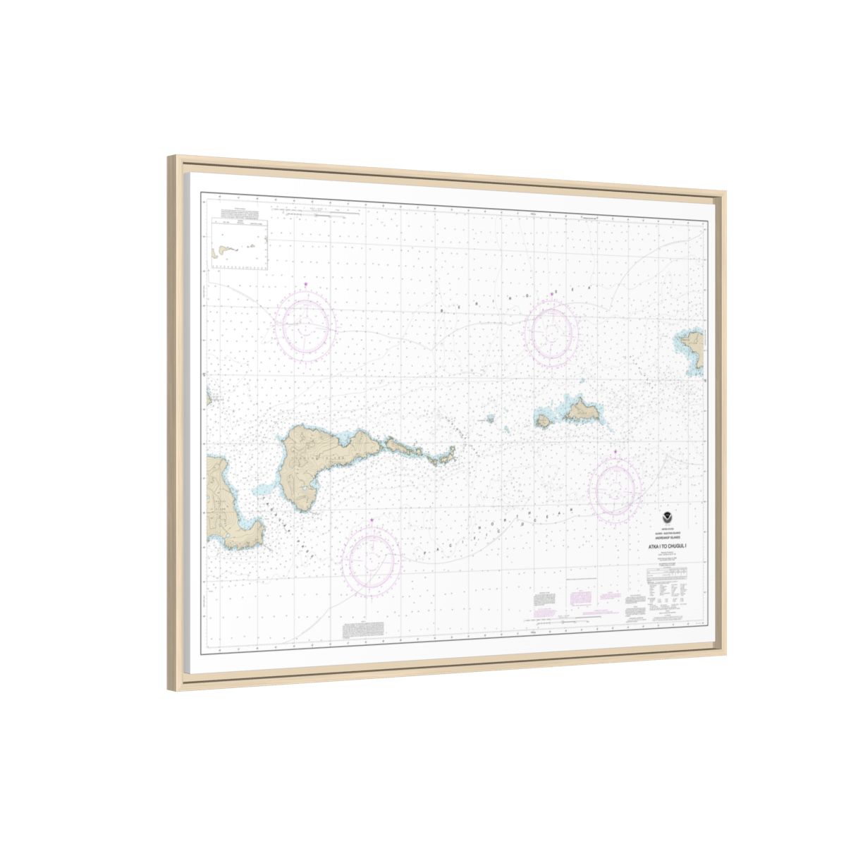 Chart 16484 Atka Island to Chugul Island Atka Island - NOAA Nautical Chart Floating Frame Canvas | 32" x 24" | 40" x 30" - Natural side
