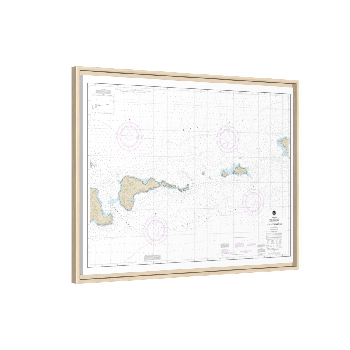 Chart 16484 Atka Island to Chugul Island Atka Island - NOAA Nautical Chart Floating Frame Canvas | 32" x 24" | 40" x 30" - Natural side