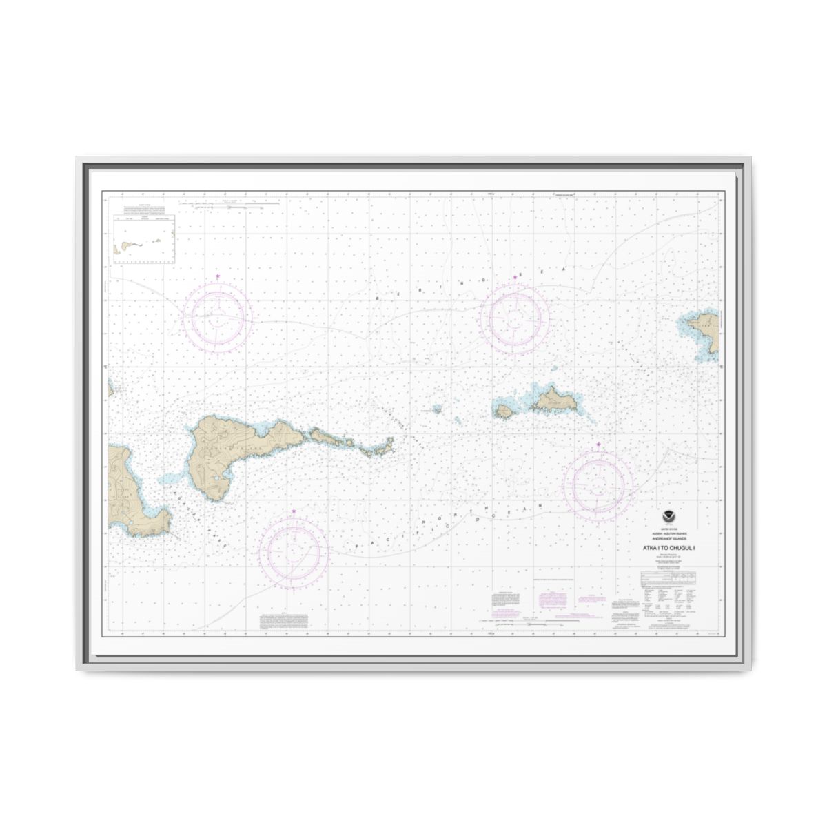 Chart 16484 Atka Island to Chugul Island Atka Island - NOAA Nautical Chart Floating Frame Canvas | 32" x 24" | 40" x 30" - White front