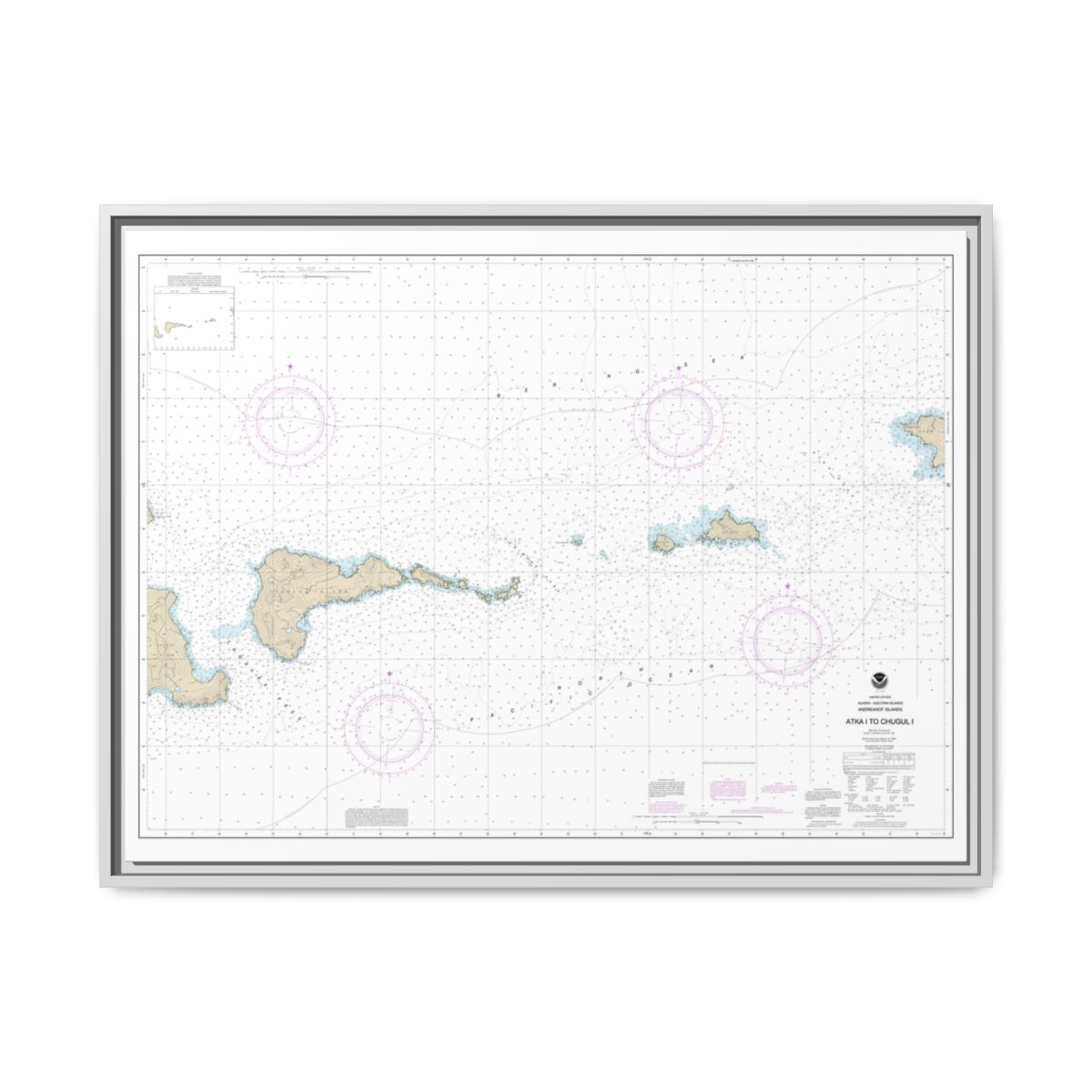 Chart 16484 Atka Island to Chugul Island Atka Island - NOAA Nautical Chart Floating Frame Canvas | 32" x 24" | 40" x 30" - White front