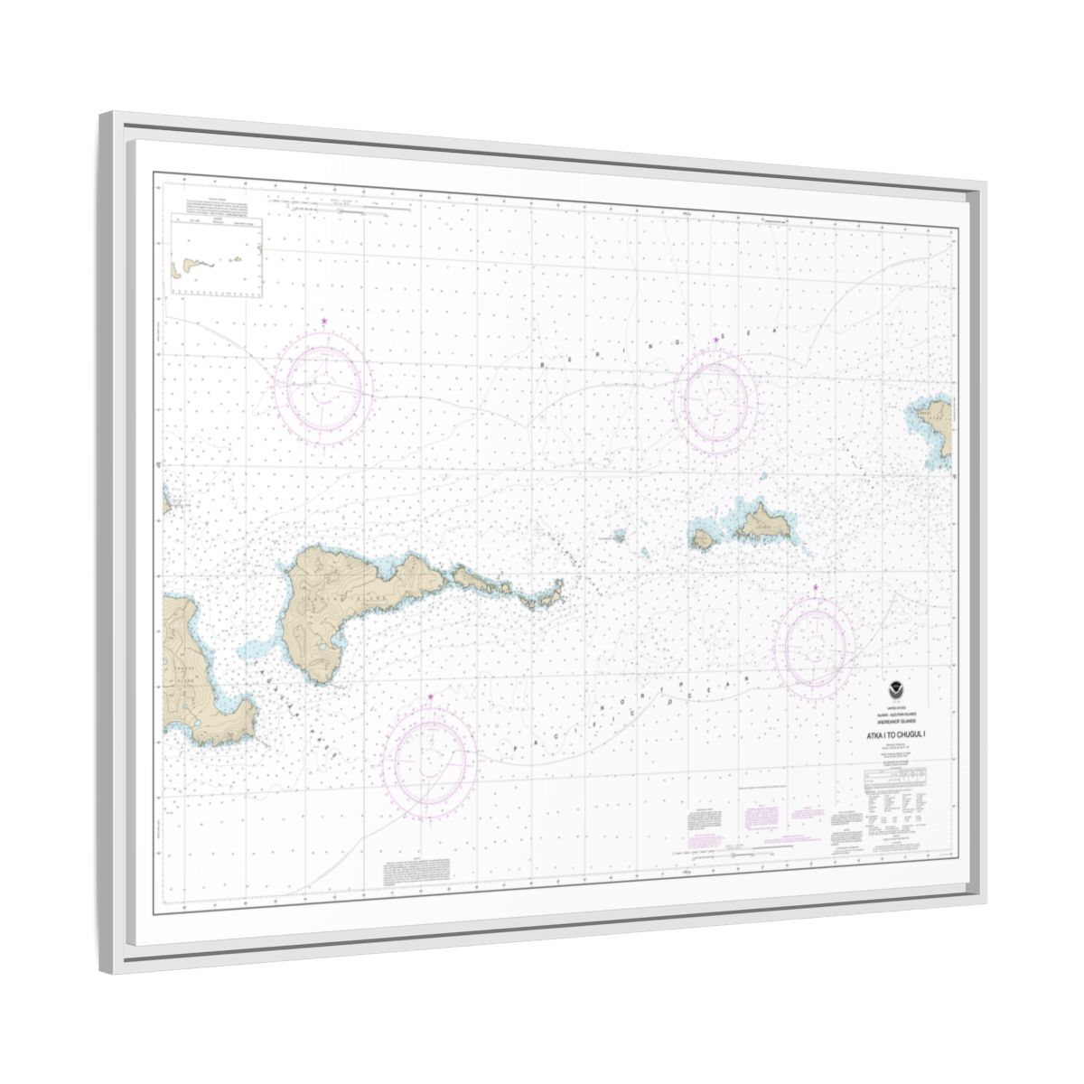Chart 16484 Atka Island to Chugul Island Atka Island - NOAA Nautical Chart Floating Frame Canvas | 32" x 24" | 40" x 30" - White side