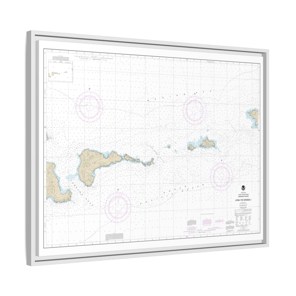 Chart 16484 Atka Island to Chugul Island Atka Island - NOAA Nautical Chart Floating Frame Canvas | 32" x 24" | 40" x 30" - White side