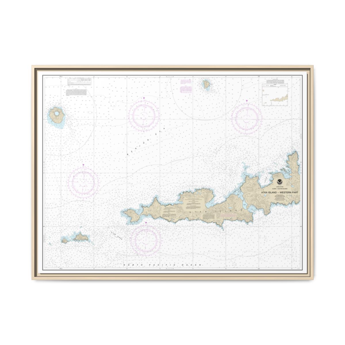 Chart 16486 Atka Island, western part - NOAA Nautical Chart Floating Frame Canvas | 32" x 24" | 40" x 30" - Natural front