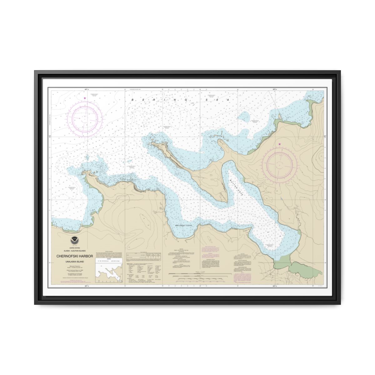 Chart 16516 Chernofski Harbor - NOAA Nautical Chart Floating Frame Canvas | 32" x 24" | 40" x 30" - Black front