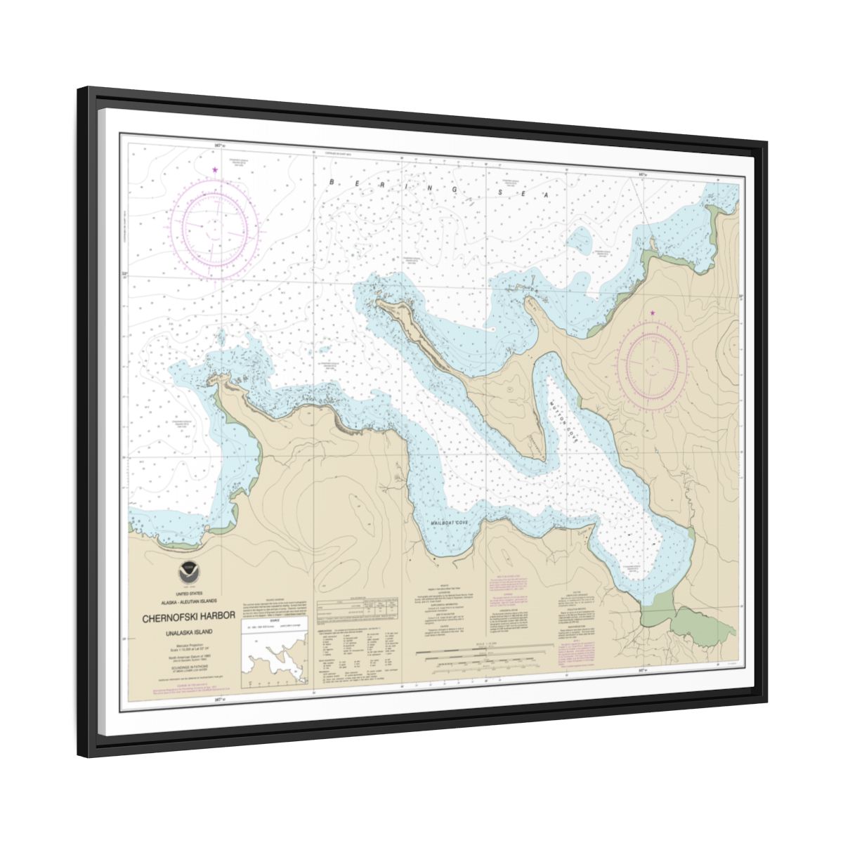 Chart 16516 Chernofski Harbor - NOAA Nautical Chart Floating Frame Canvas | 32" x 24" | 40" x 30" - Black side