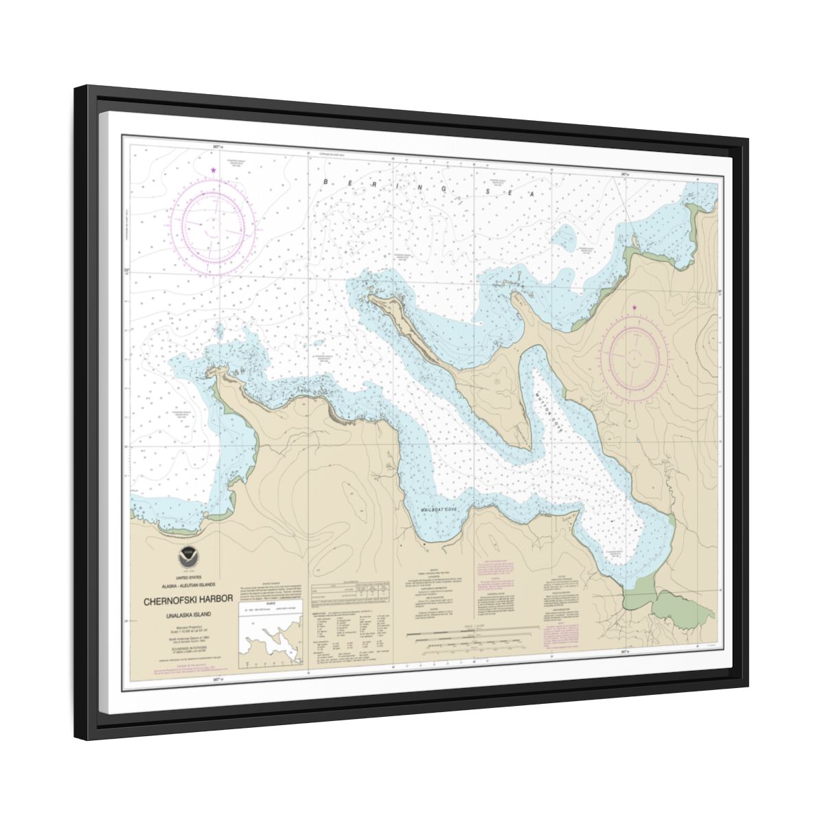 Chart 16516 Chernofski Harbor - NOAA Nautical Chart Floating Frame Canvas | 32" x 24" | 40" x 30" - Black side
