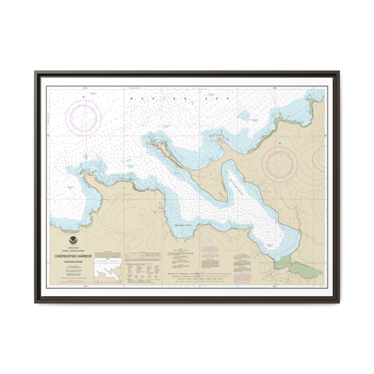 Chart 16516 Chernofski Harbor - NOAA Nautical Chart Floating Frame Canvas | 32" x 24" | 40" x 30" - Espresso front