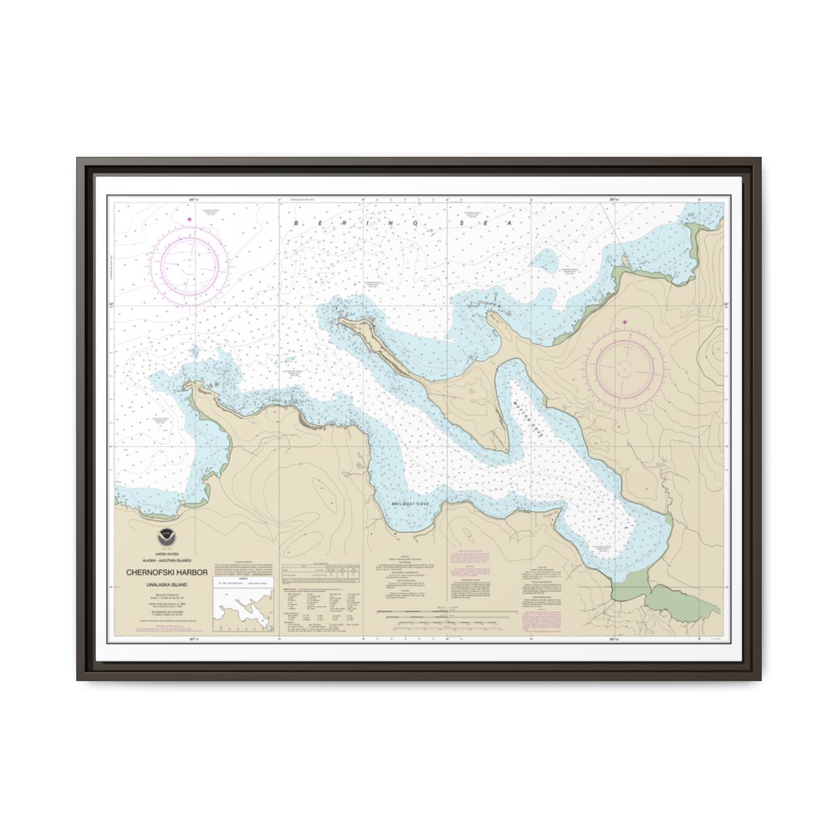 Chart 16516 Chernofski Harbor - NOAA Nautical Chart Floating Frame Canvas | 32" x 24" | 40" x 30" - Espresso front