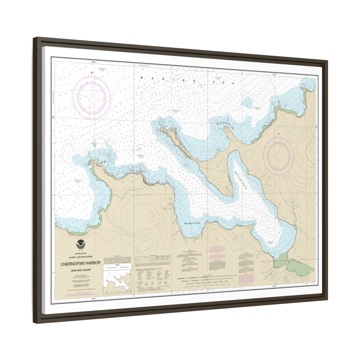 Chart 16516 Chernofski Harbor - NOAA Nautical Chart Floating Frame Canvas | 32" x 24" | 40" x 30" - Espresso side