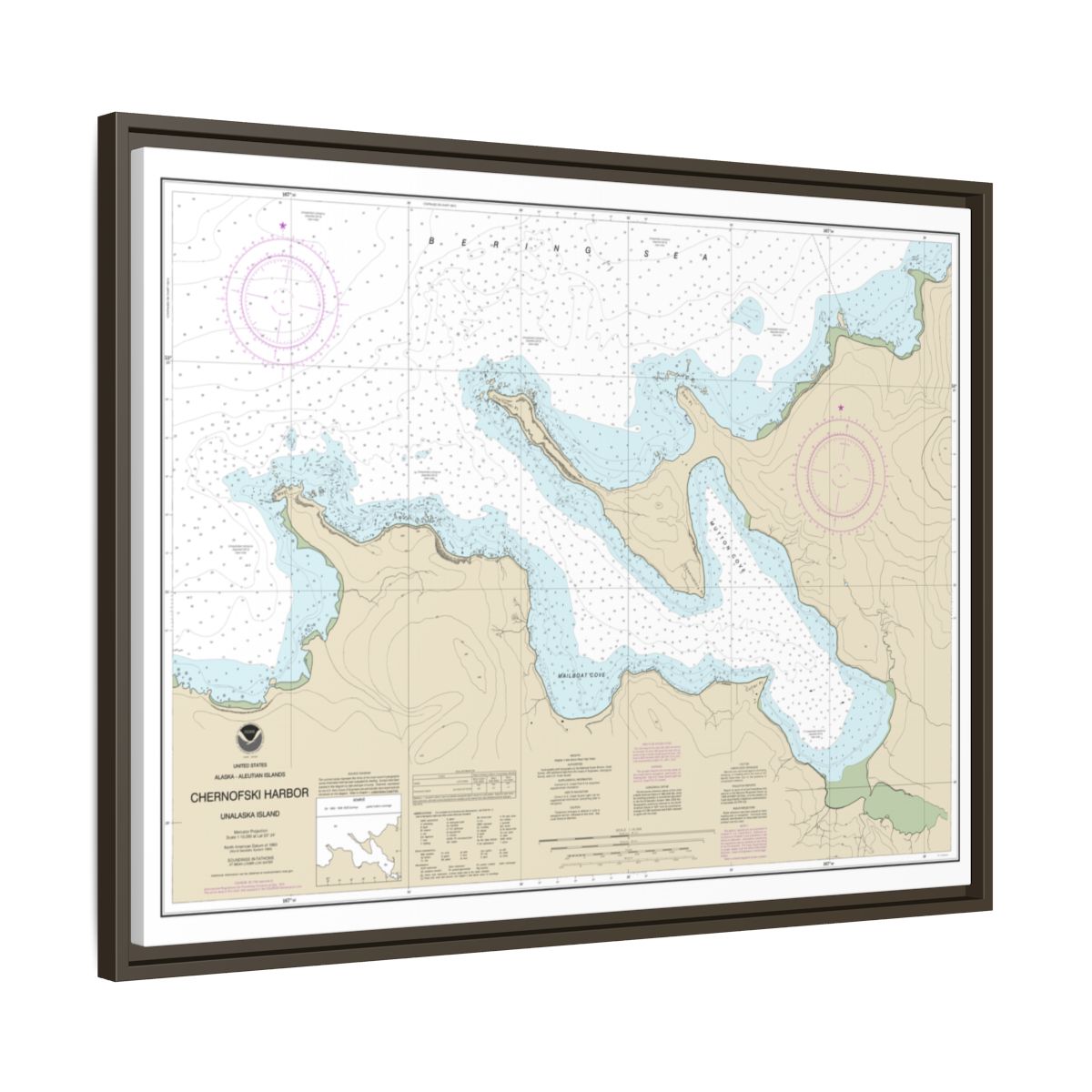 Chart 16516 Chernofski Harbor - NOAA Nautical Chart Floating Frame Canvas | 32" x 24" | 40" x 30" - Espresso side