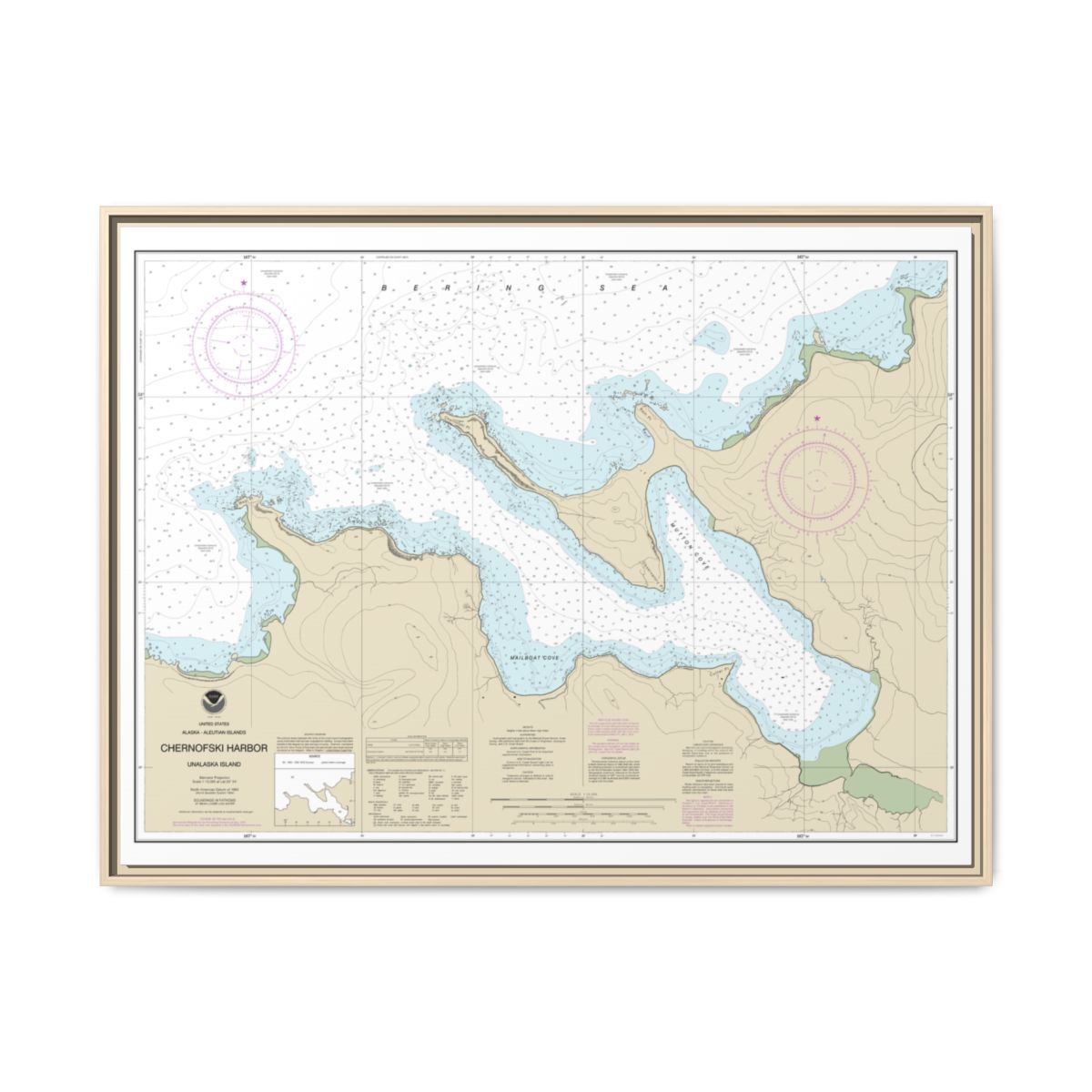Chart 16516 Chernofski Harbor - NOAA Nautical Chart Floating Frame Canvas | 32" x 24" | 40" x 30" - Natural front