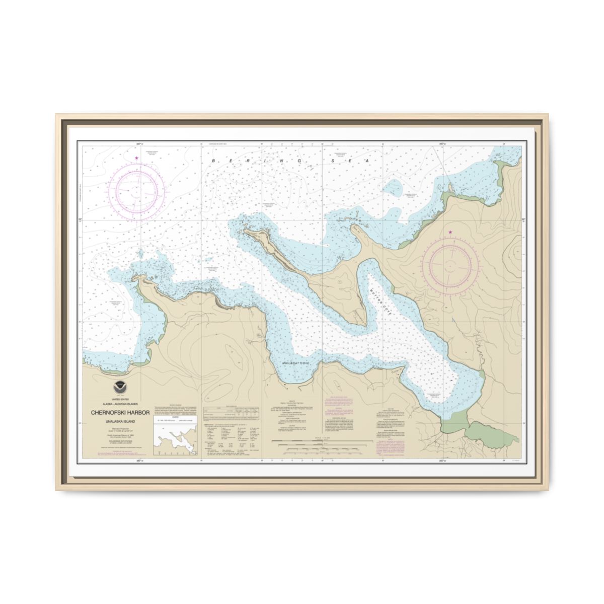 Chart 16516 Chernofski Harbor - NOAA Nautical Chart Floating Frame Canvas | 32" x 24" | 40" x 30" - Natural front