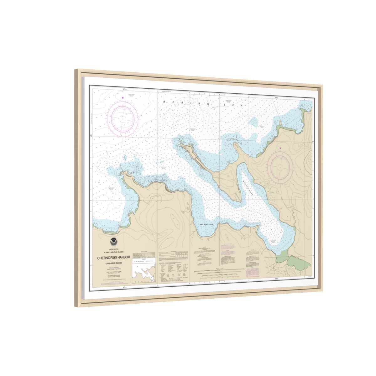 Chart 16516 Chernofski Harbor - NOAA Nautical Chart Floating Frame Canvas | 32" x 24" | 40" x 30" - Natural side