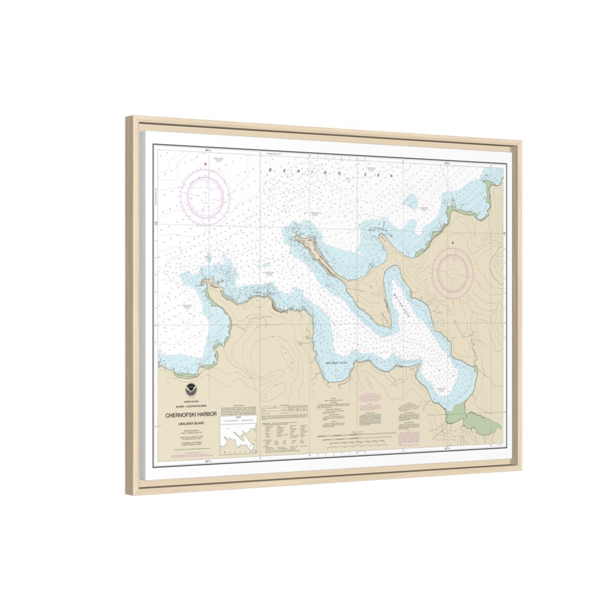 Chart 16516 Chernofski Harbor - NOAA Nautical Chart Floating Frame Canvas | 32" x 24" | 40" x 30" - Natural side