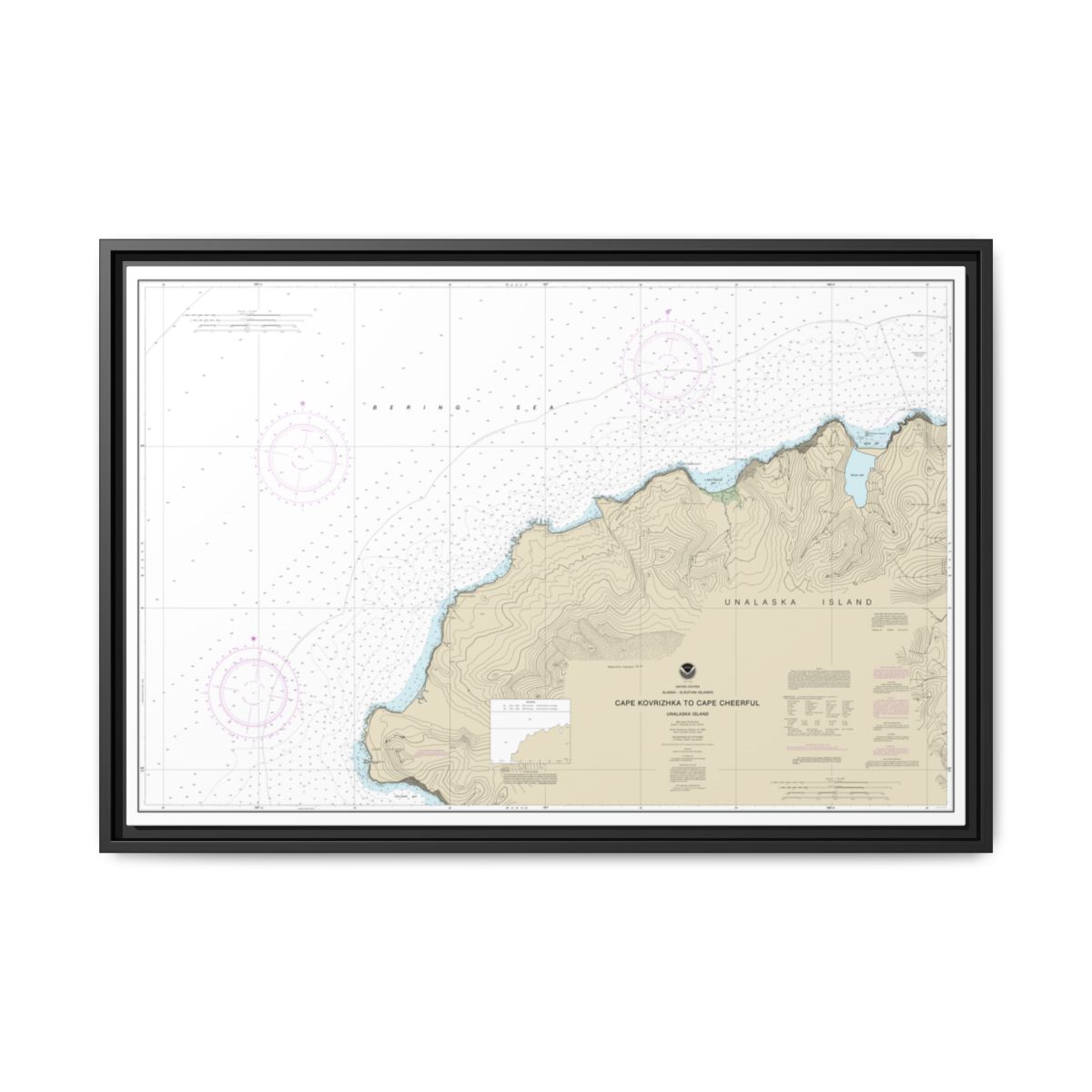 Chart 16518 Cape Kavrizhka to Cape Cheerful - NOAA Nautical Chart Floating Frame Canvas | 30" x 20" | 36" x 24" | 48" x 32" - Black front