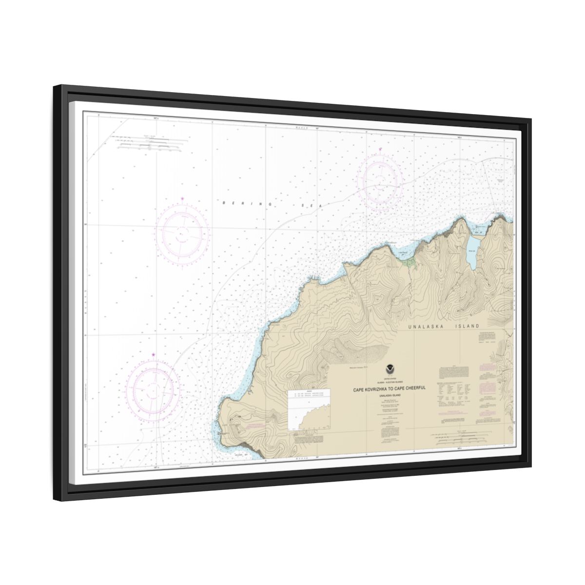 Chart 16518 Cape Kavrizhka to Cape Cheerful - NOAA Nautical Chart Floating Frame Canvas | 30" x 20" | 36" x 24" | 48" x 32" - Black side