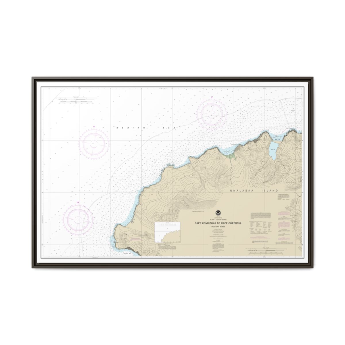 Chart 16518 Cape Kavrizhka to Cape Cheerful - NOAA Nautical Chart Floating Frame Canvas | 30" x 20" | 36" x 24" | 48" x 32" - Espresso front