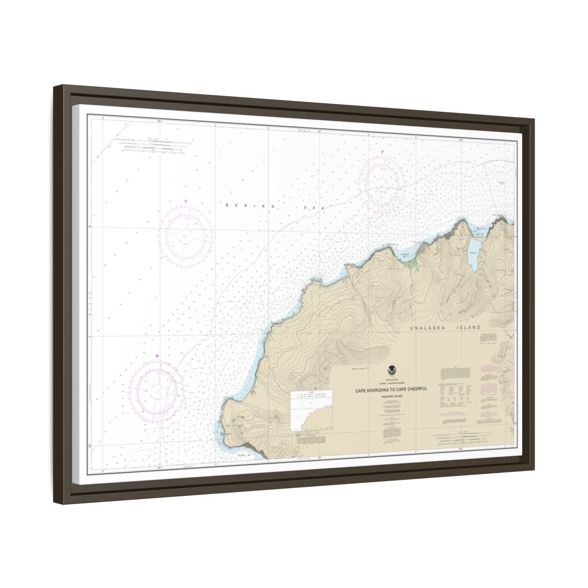 Chart 16518 Cape Kavrizhka to Cape Cheerful - NOAA Nautical Chart Floating Frame Canvas | 30" x 20" | 36" x 24" | 48" x 32" - Espresso side
