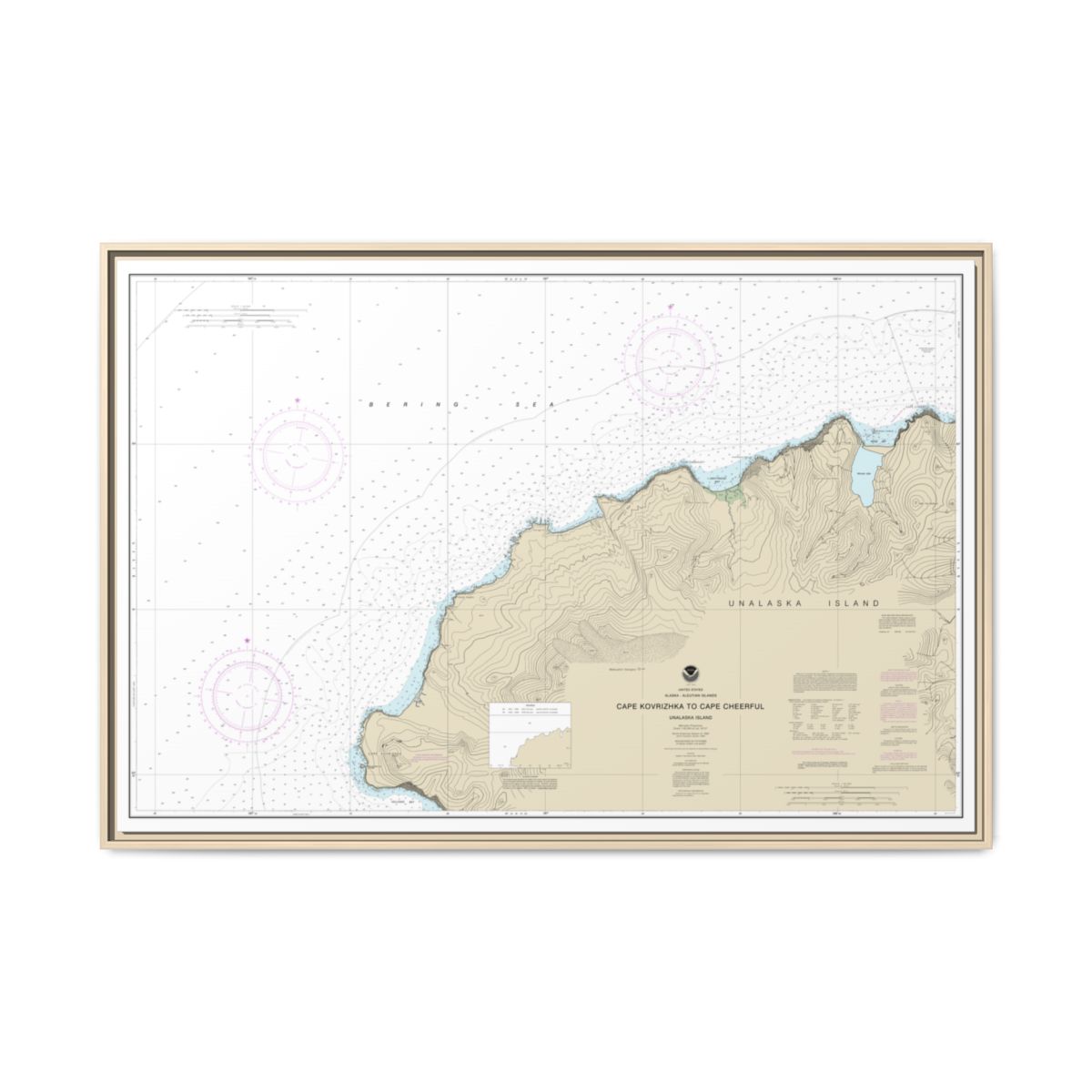 Chart 16518 Cape Kavrizhka to Cape Cheerful - NOAA Nautical Chart Floating Frame Canvas | 30" x 20" | 36" x 24" | 48" x 32" - Natural front