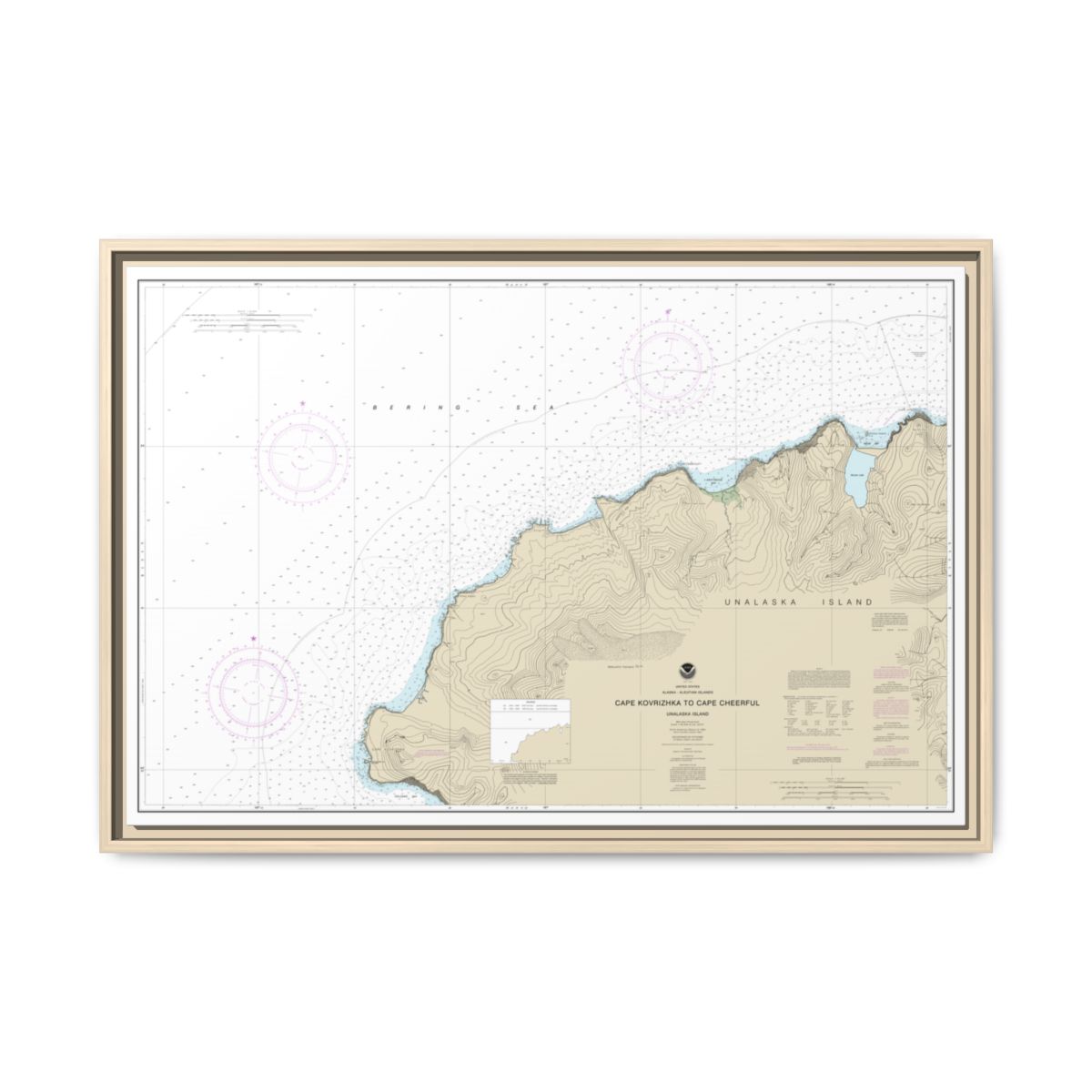 Chart 16518 Cape Kavrizhka to Cape Cheerful - NOAA Nautical Chart Floating Frame Canvas | 30" x 20" | 36" x 24" | 48" x 32" - Natural front