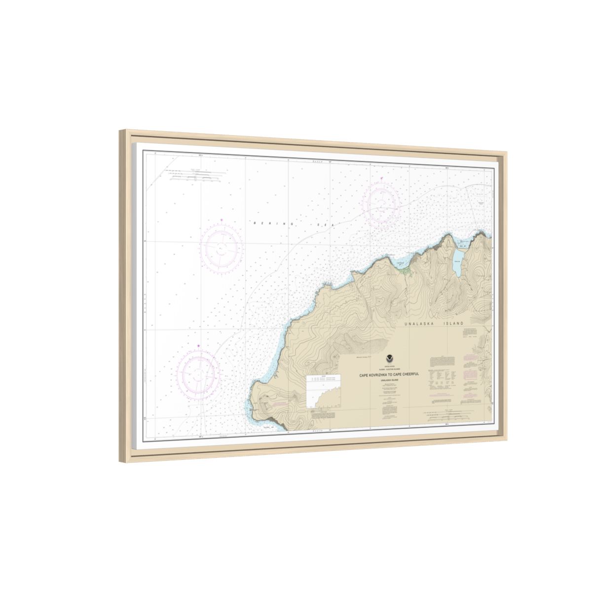 Chart 16518 Cape Kavrizhka to Cape Cheerful - NOAA Nautical Chart Floating Frame Canvas | 30" x 20" | 36" x 24" | 48" x 32" - Natural side