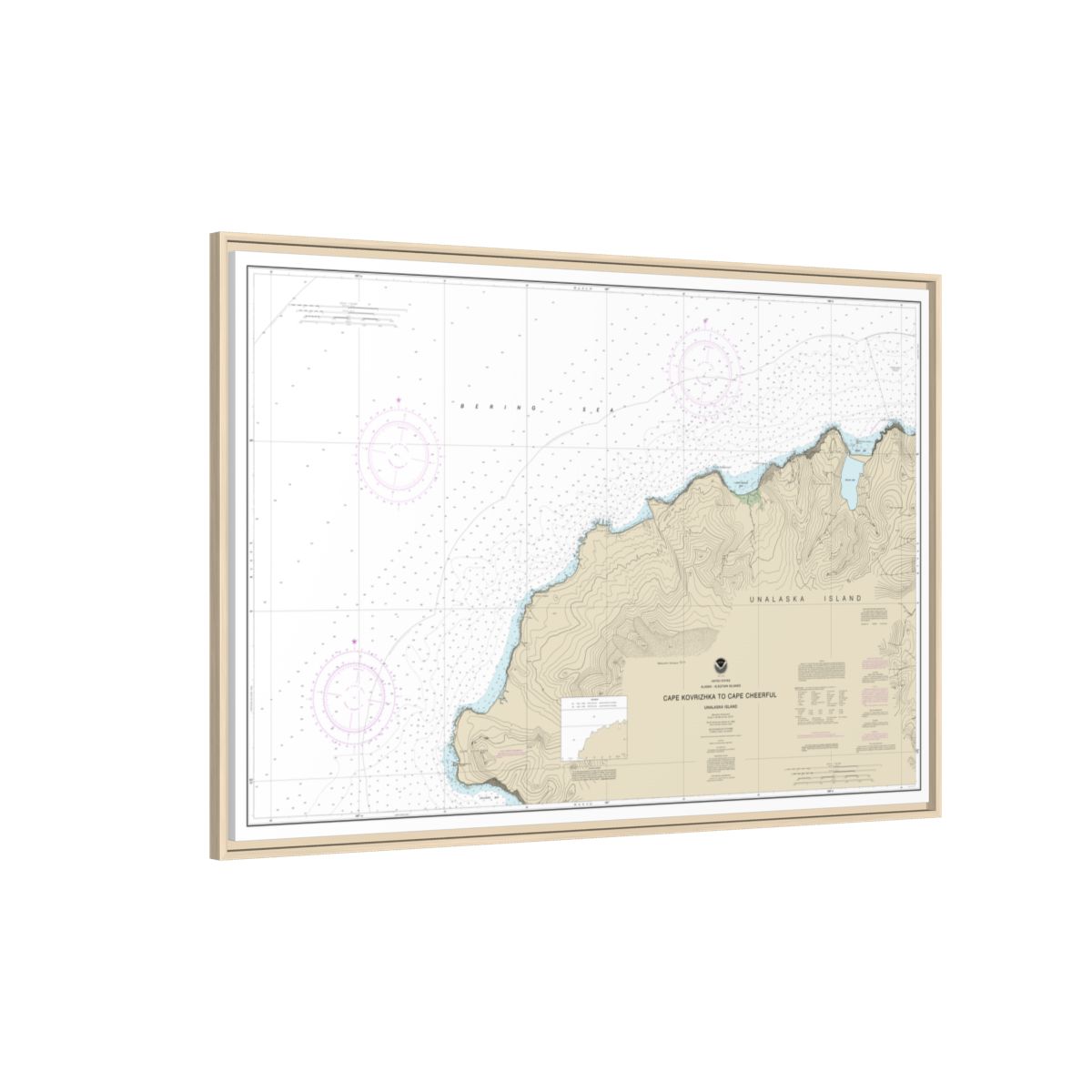 Chart 16518 Cape Kavrizhka to Cape Cheerful - NOAA Nautical Chart Floating Frame Canvas | 30" x 20" | 36" x 24" | 48" x 32" - Natural side