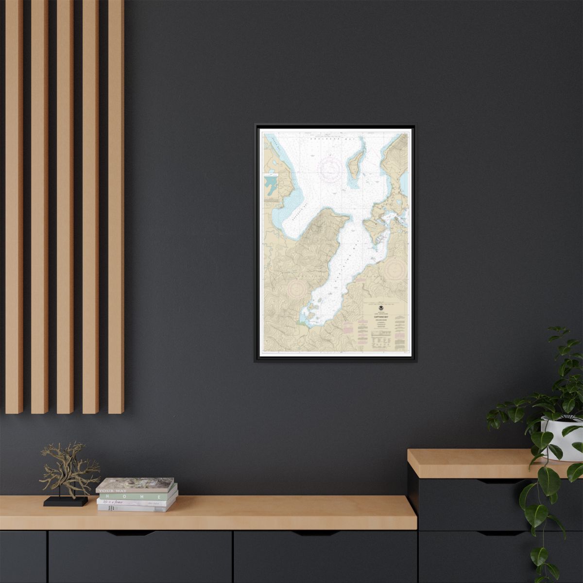 Chart 16530 Captains Bay - NOAA Nautical Chart Floating Frame Canvas | 20" x 30" | 24" x 36" | 32" x 48" - Black context-2