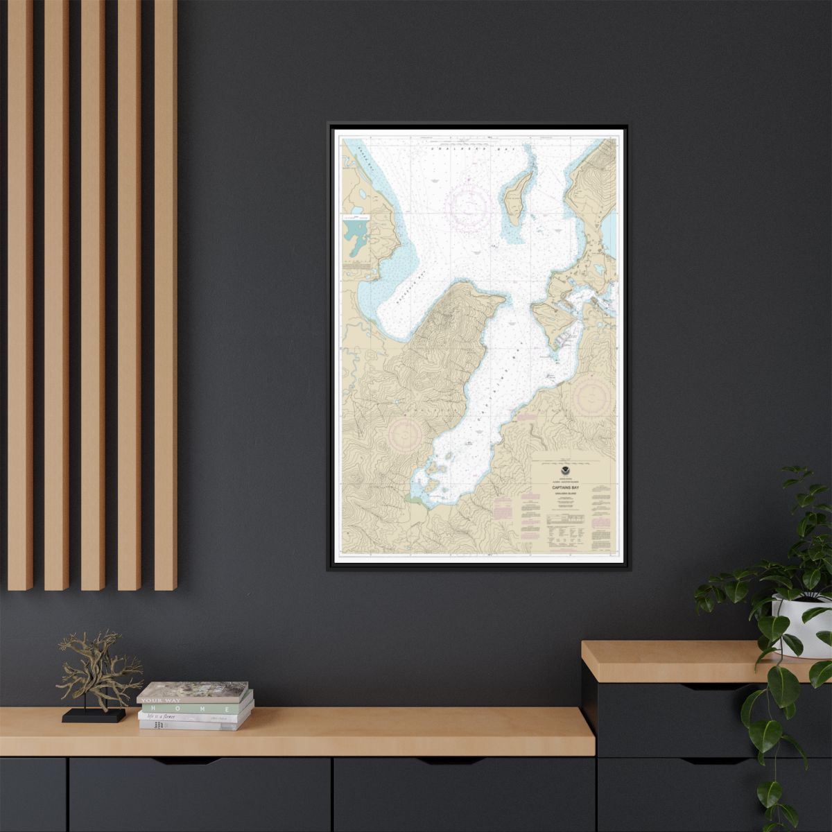 Chart 16530 Captains Bay - NOAA Nautical Chart Floating Frame Canvas | 20" x 30" | 24" x 36" | 32" x 48" - Black context-2