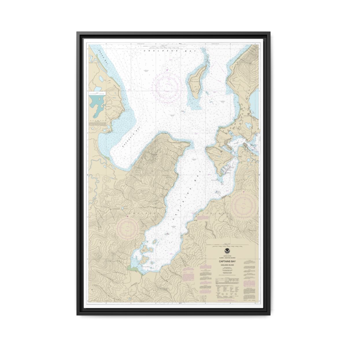Chart 16530 Captains Bay - NOAA Nautical Chart Floating Frame Canvas | 20" x 30" | 24" x 36" | 32" x 48" - Black front