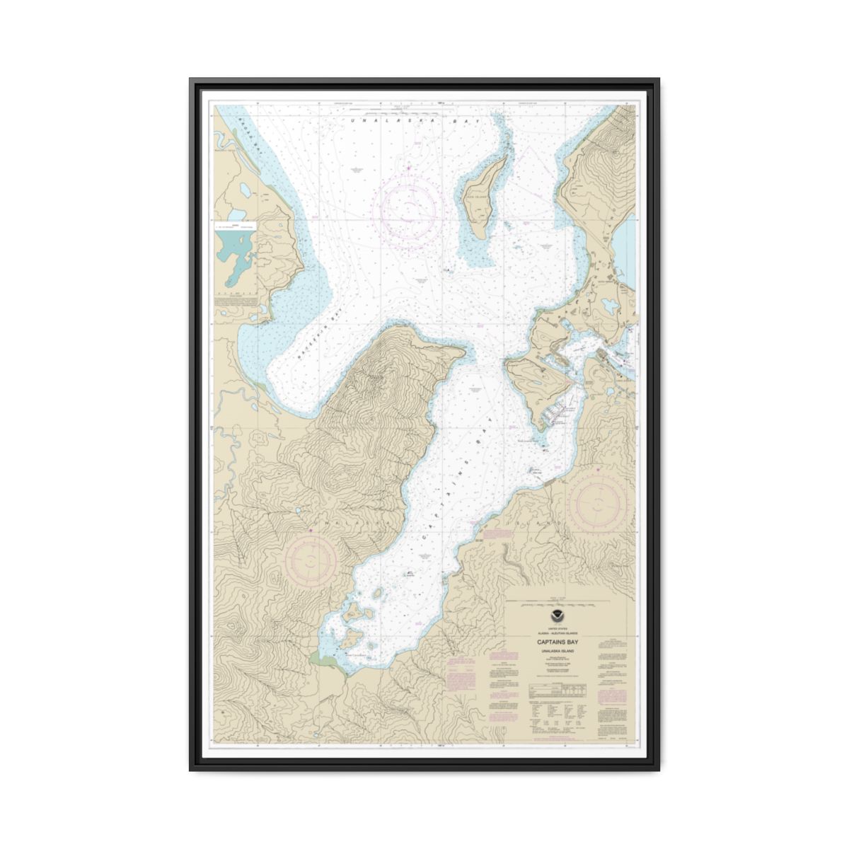 Chart 16530 Captains Bay - NOAA Nautical Chart Floating Frame Canvas | 20" x 30" | 24" x 36" | 32" x 48" - Black front