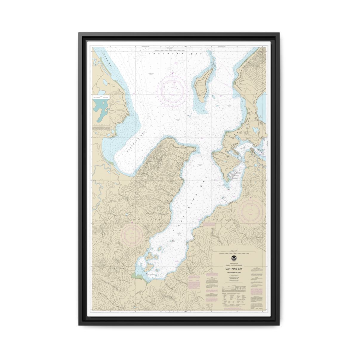 Chart 16530 Captains Bay - NOAA Nautical Chart Floating Frame Canvas | 20" x 30" | 24" x 36" | 32" x 48" - Black front