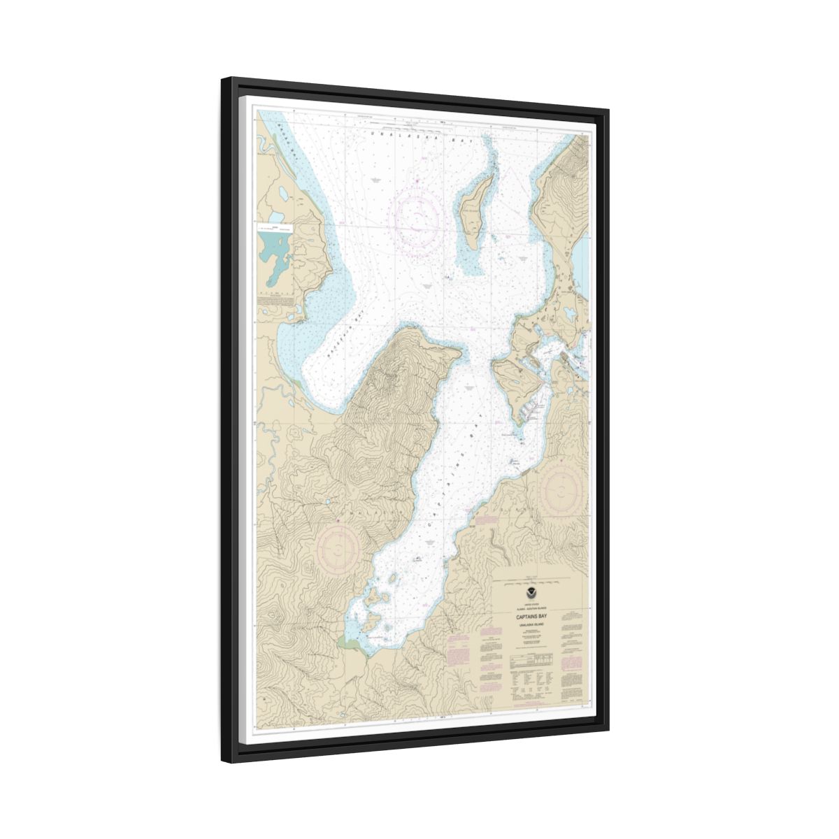 Chart 16530 Captains Bay - NOAA Nautical Chart Floating Frame Canvas | 20" x 30" | 24" x 36" | 32" x 48" - Black side