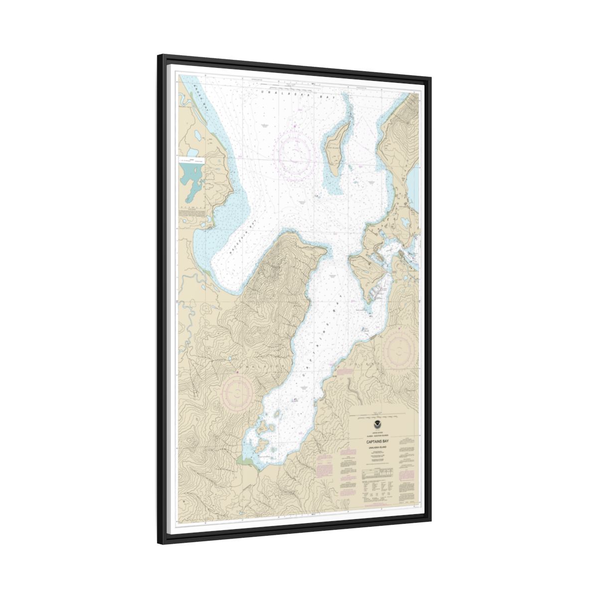 Chart 16530 Captains Bay - NOAA Nautical Chart Floating Frame Canvas | 20" x 30" | 24" x 36" | 32" x 48" - Black side