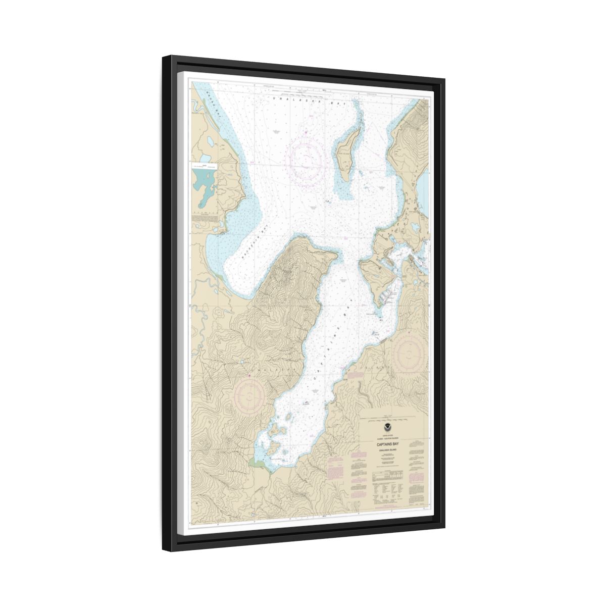 Chart 16530 Captains Bay - NOAA Nautical Chart Floating Frame Canvas | 20" x 30" | 24" x 36" | 32" x 48" - Black side