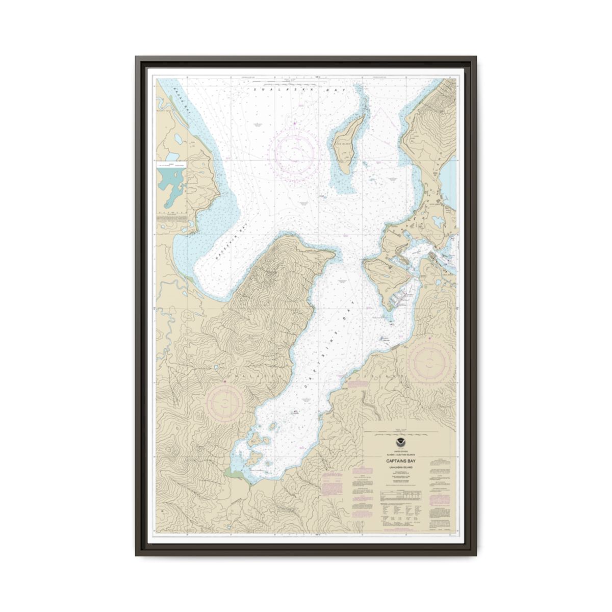 Chart 16530 Captains Bay - NOAA Nautical Chart Floating Frame Canvas | 20" x 30" | 24" x 36" | 32" x 48" - Espresso front