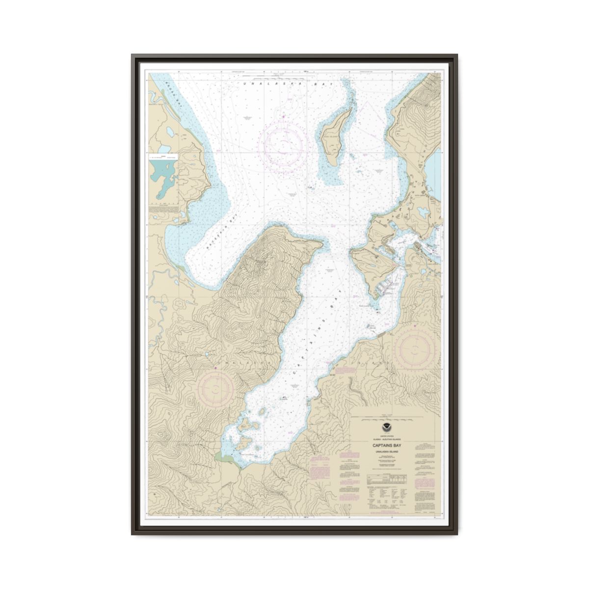 Chart 16530 Captains Bay - NOAA Nautical Chart Floating Frame Canvas | 20" x 30" | 24" x 36" | 32" x 48" - Espresso front