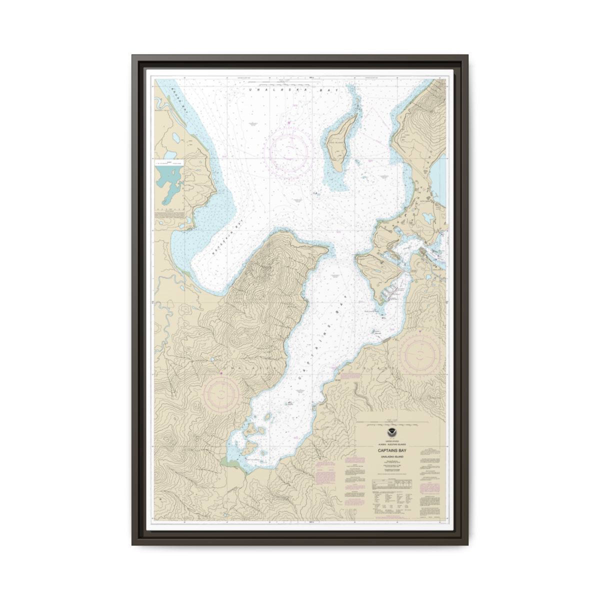 Chart 16530 Captains Bay - NOAA Nautical Chart Floating Frame Canvas | 20" x 30" | 24" x 36" | 32" x 48" - Espresso front