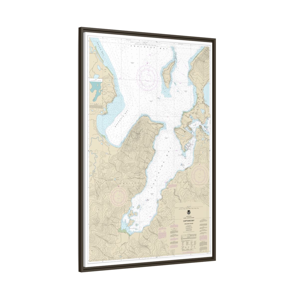 Chart 16530 Captains Bay - NOAA Nautical Chart Floating Frame Canvas | 20" x 30" | 24" x 36" | 32" x 48" - Espresso side