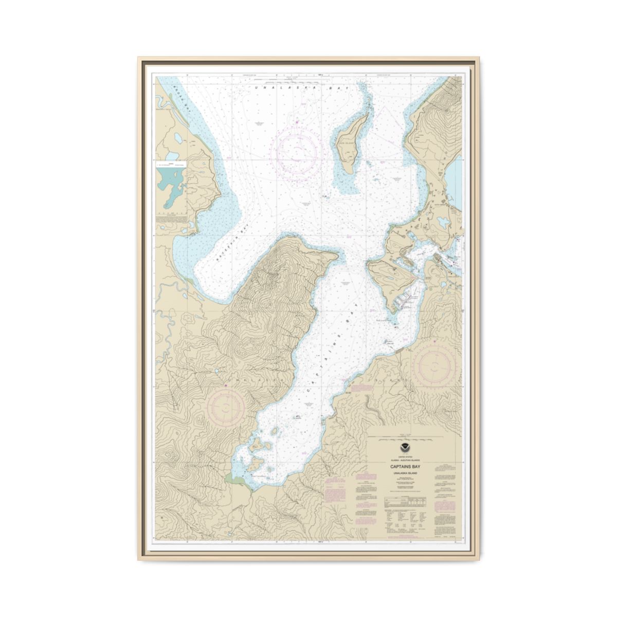 Chart 16530 Captains Bay - NOAA Nautical Chart Floating Frame Canvas | 20" x 30" | 24" x 36" | 32" x 48" - Natural front